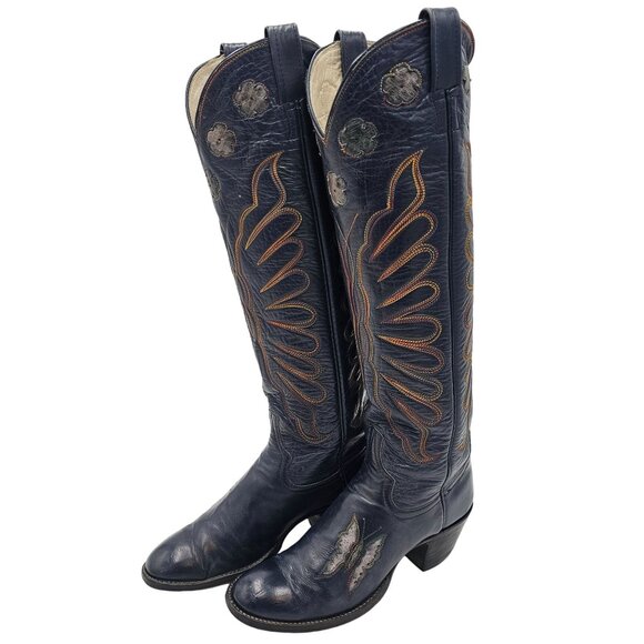 Vintage 1970s CUTTER BILL Cowgirl Boots 6B Navy Rainbow Leather Butterfly Cowboy - Picture 10 of 16